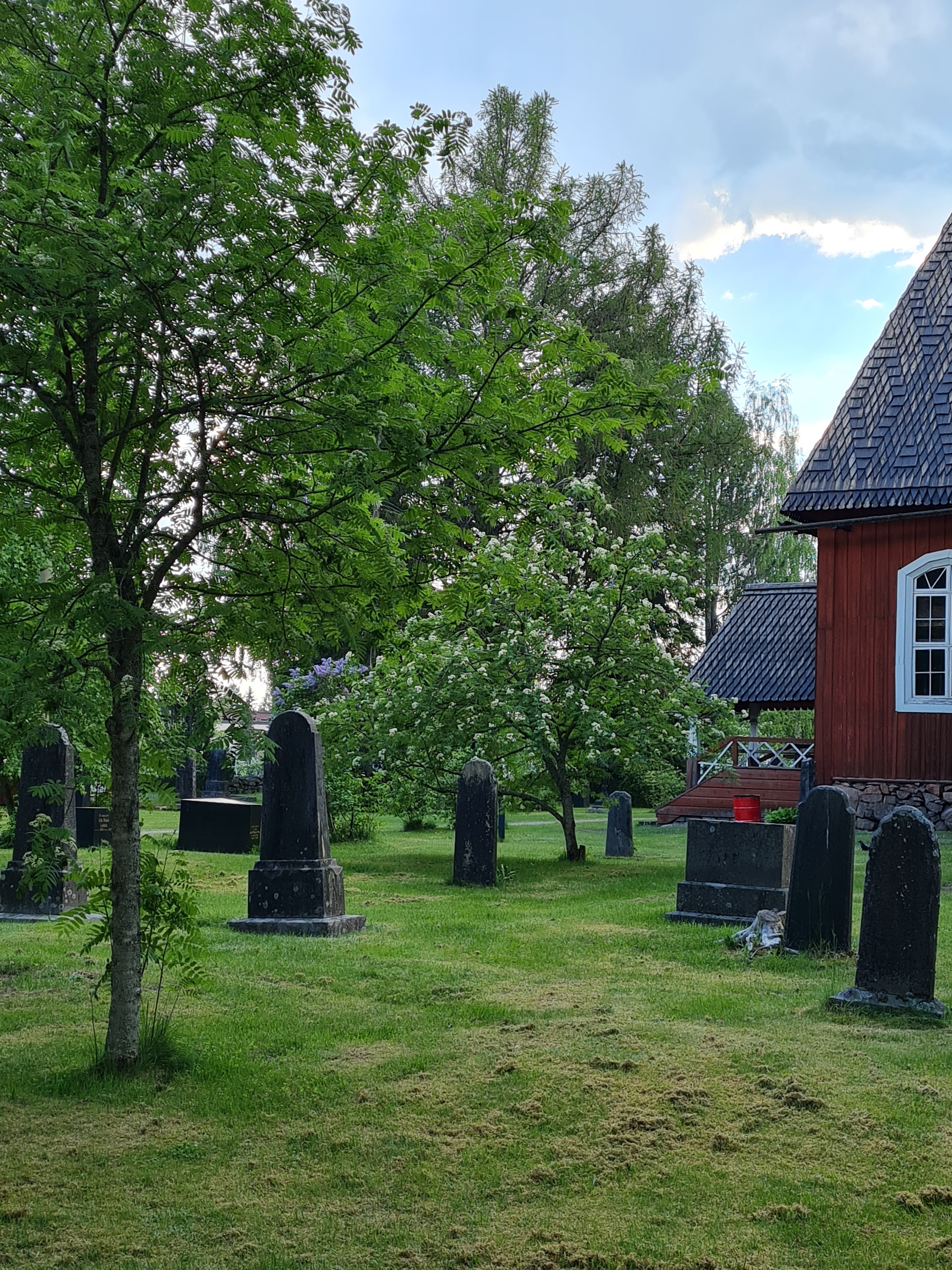 Hautausmaa, jossa on vanhoja hautakiviä. Hautojen välissä on puita..