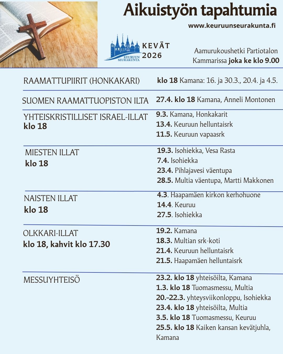 Keuruun seurakunnan aikuistyön tapahtumia keväällä 2026